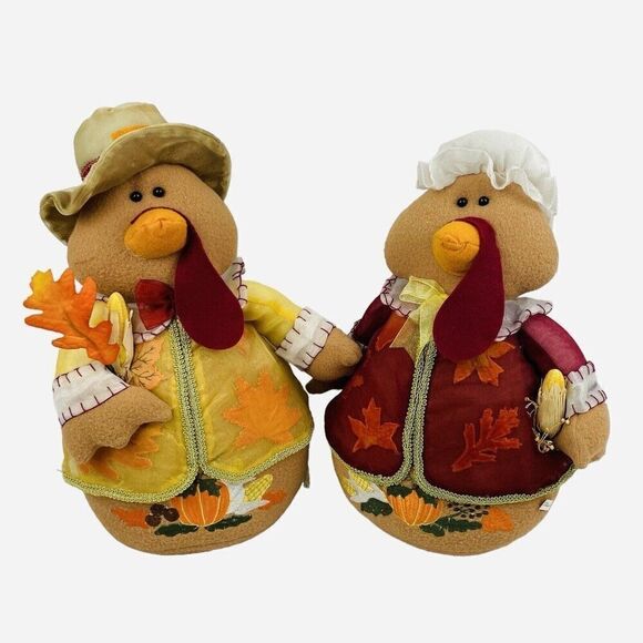 Thanksgiving Turkey Plush Pair Decor Girl & Boy Autumn Fall Pilgrim Set Leaves - Picture 1 of 12